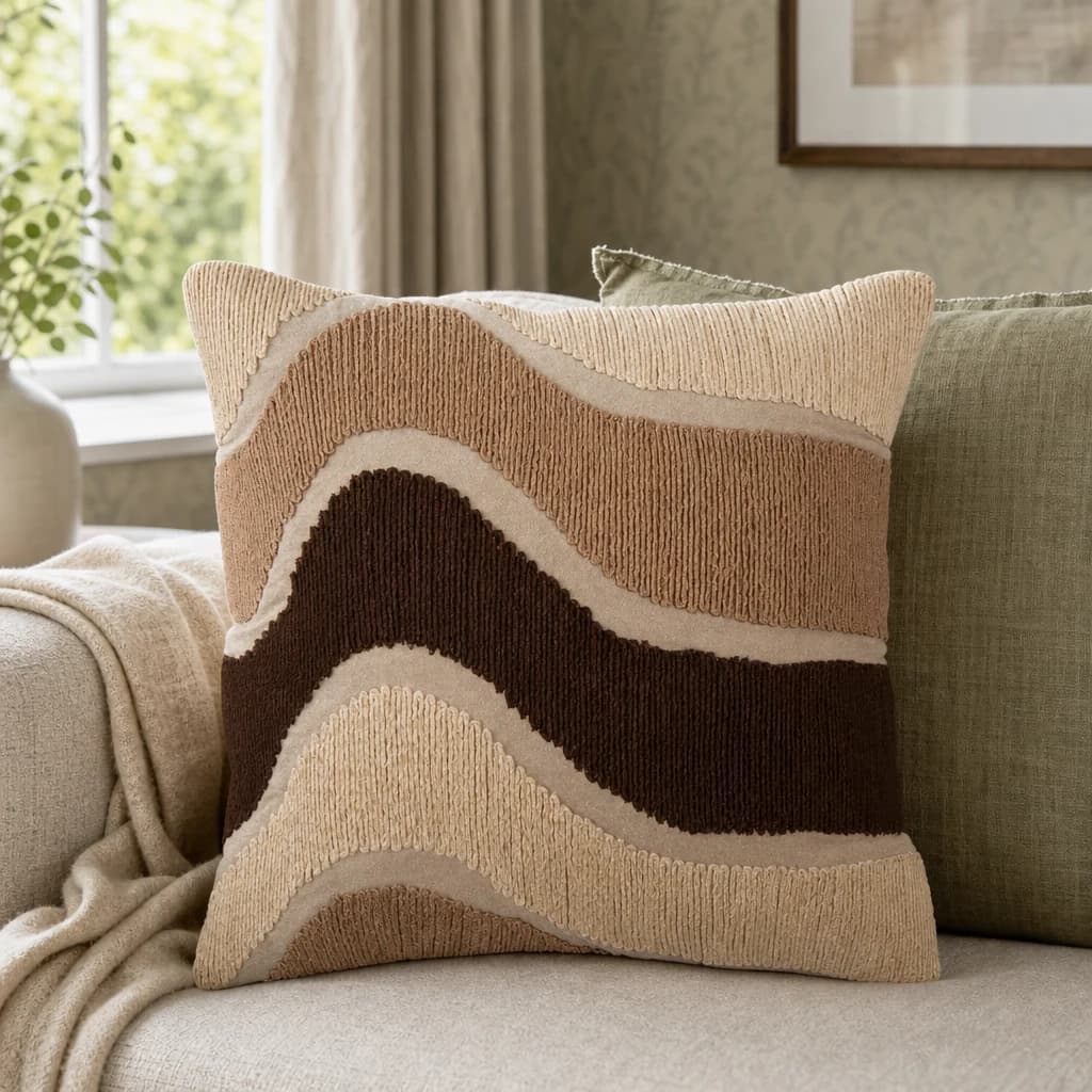 Bosie Ozella Beige and Brown Abstract Wave Square Cushion - Decorative, photo 1 of 8