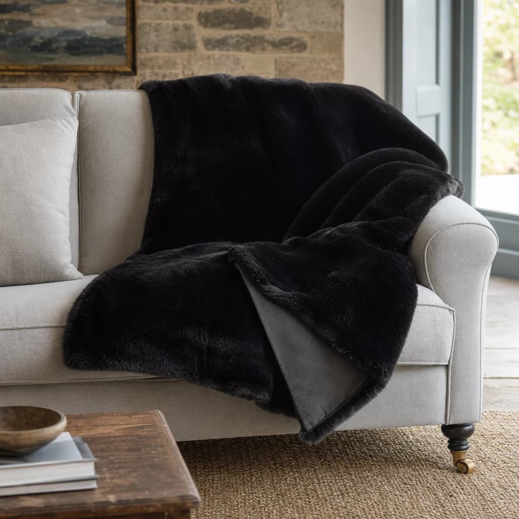 Bosie Lamina Black Faux Fur Throw - Decorative, photo 1 of 7