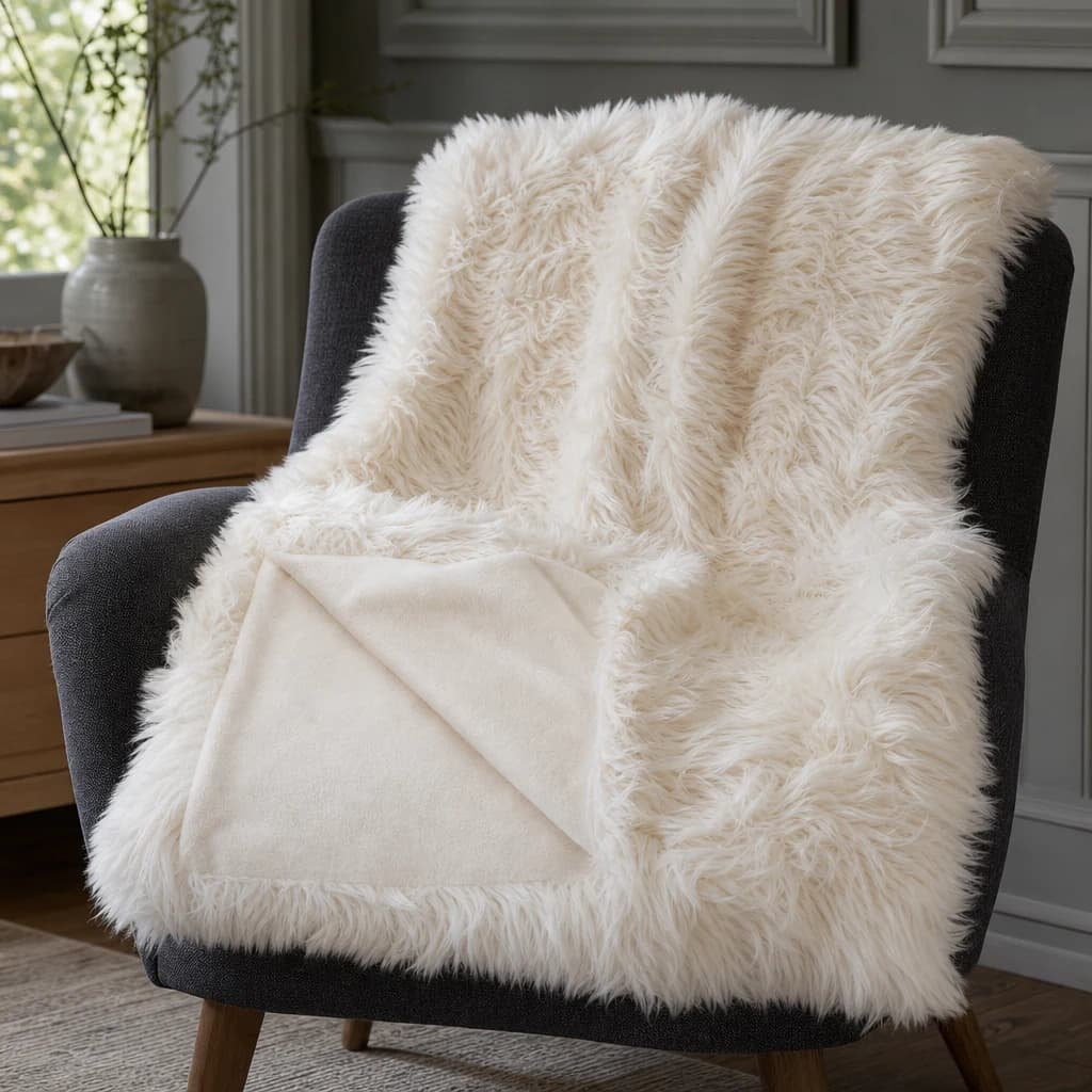 Bosie Lamina Cream Faux Fur Throw - Decorative, photo 1 of 8