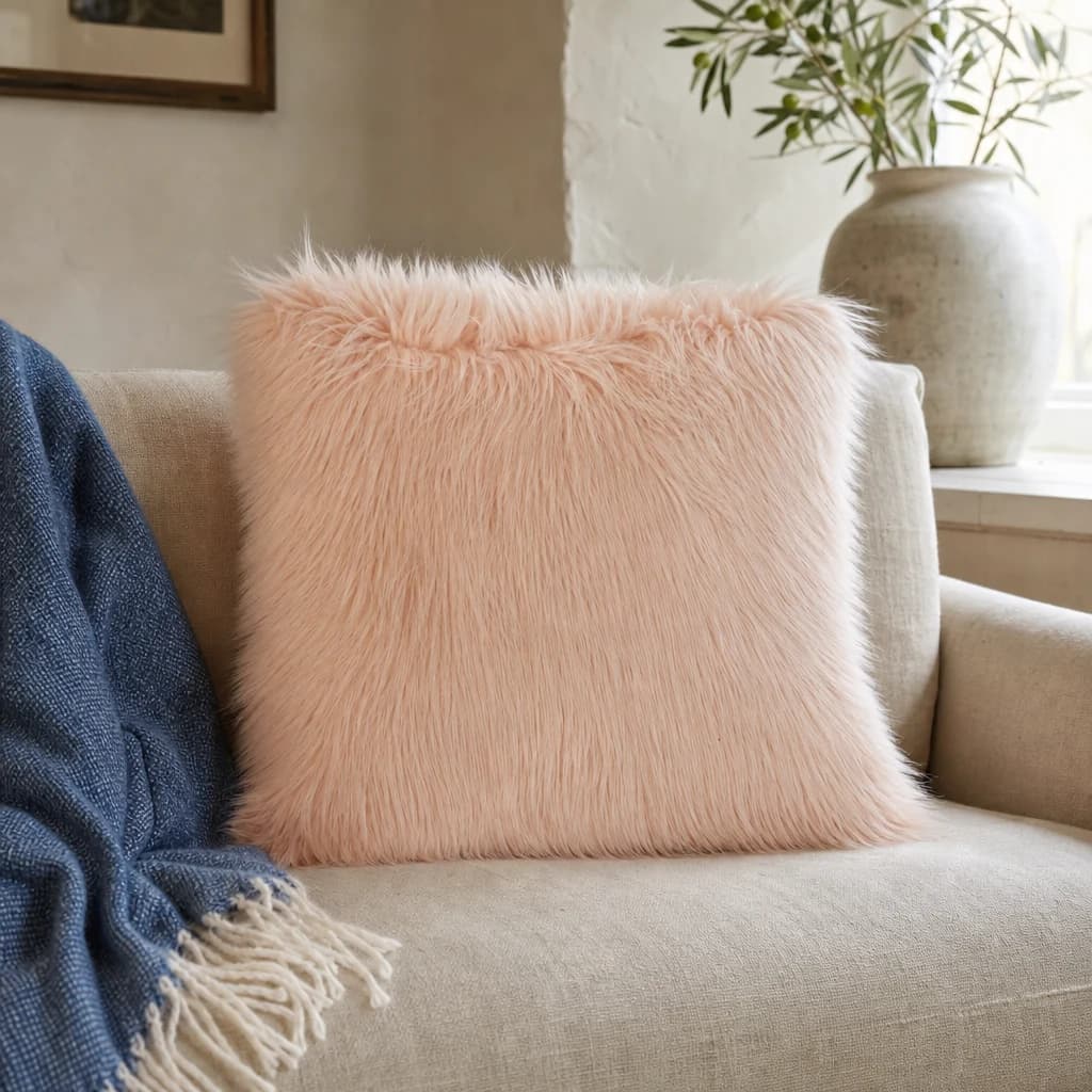 Bosie Mongolian Faux Fur Pink Square Cushion - Decorative, photo 1 of 7