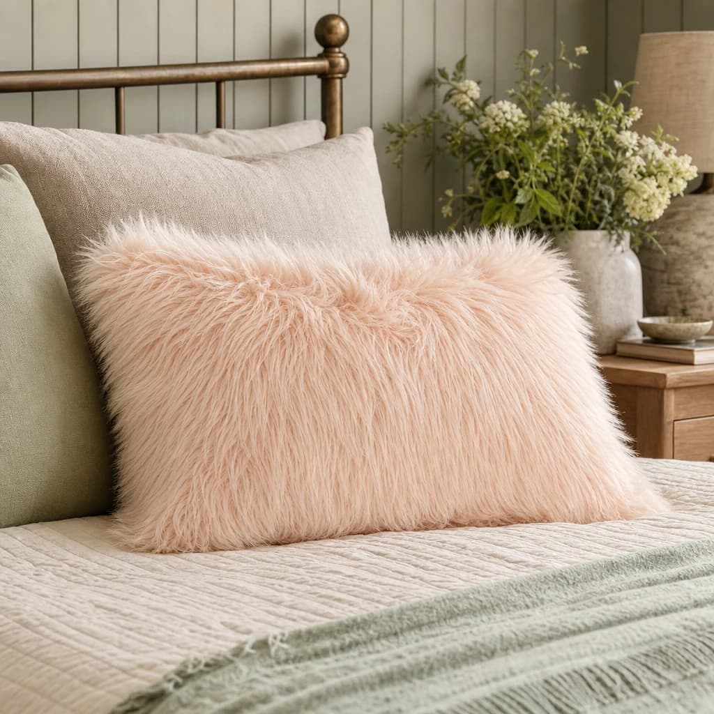 Bosie Mongolian Faux Fur Pink Rectangular Cushion - Decorative, photo 1 of 7