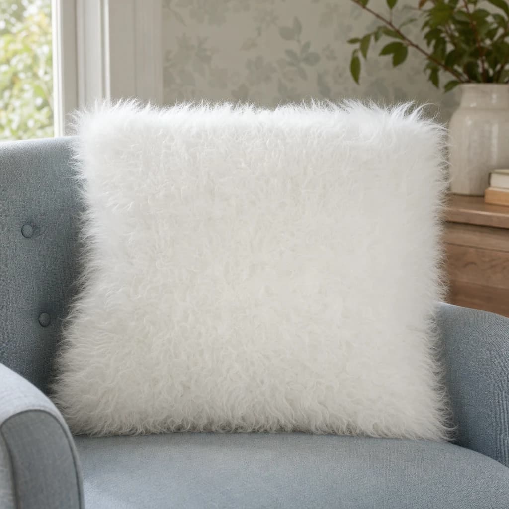 Bosie Real Mongolian Fur White Square Cushion - Decorative, photo 1 of 8