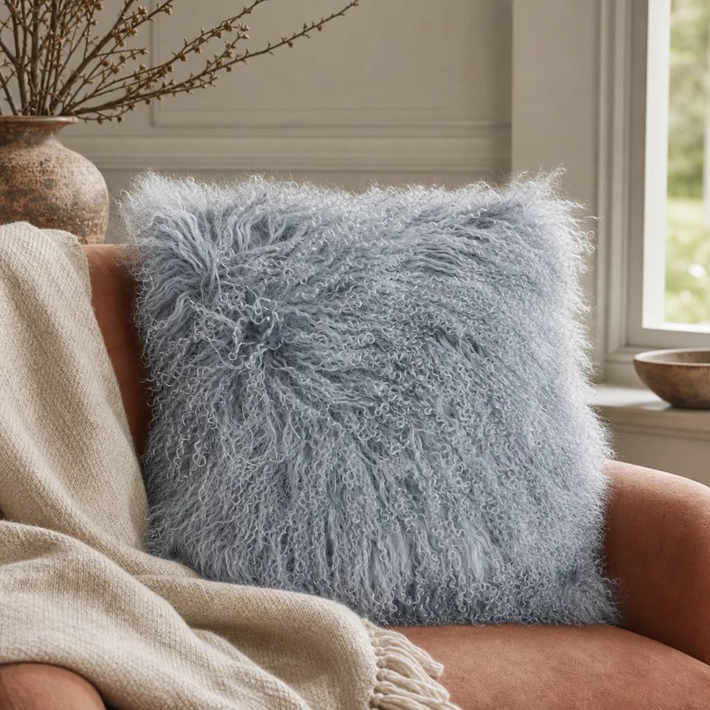Bosie Real Mongolian Fur Grey Square Cushion - Decorative, photo 1 of 8