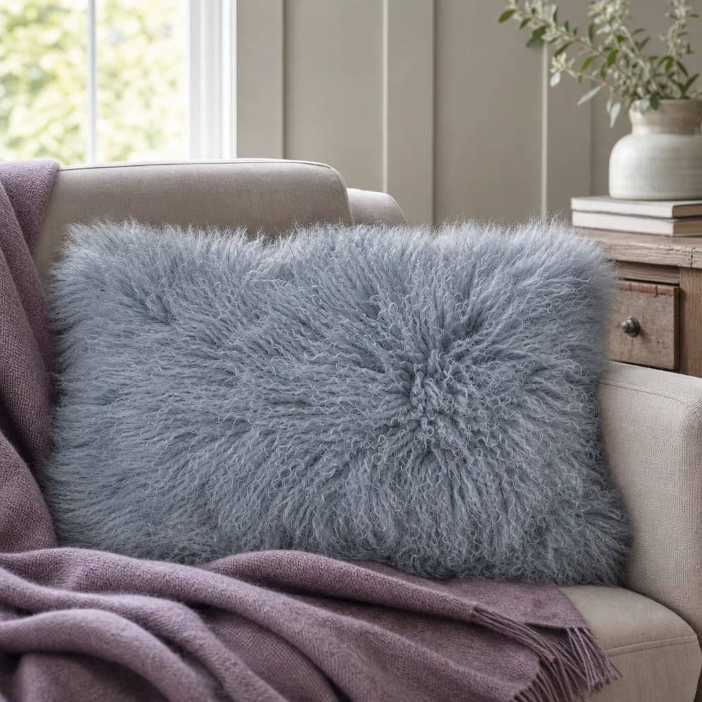 Bosie Real Mongolian Fur Grey Rectangular Cushion - Decorative, photo 1 of 4