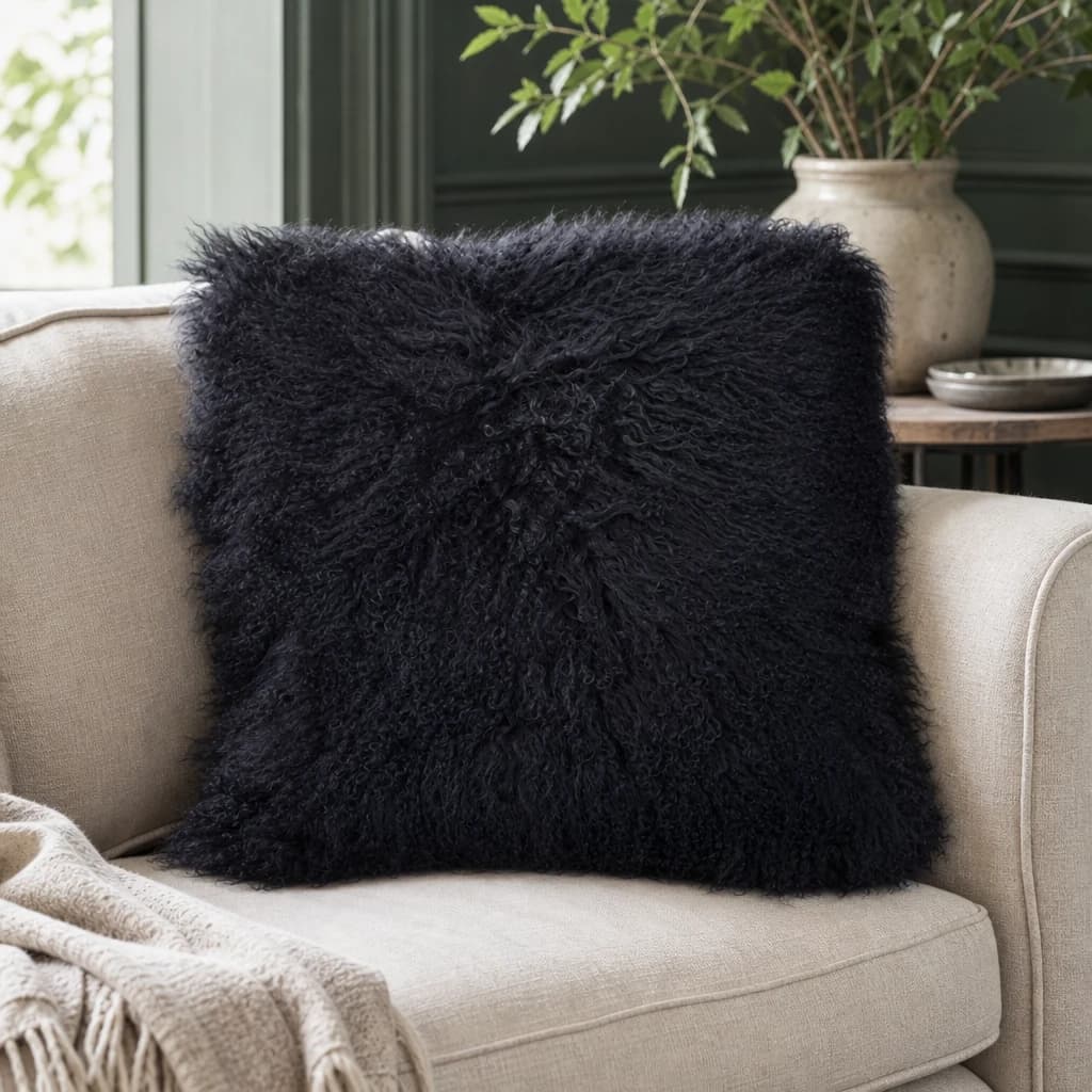 Bosie Real Mongolian Fur Black Square Cushion - Decorative, photo 1 of 6