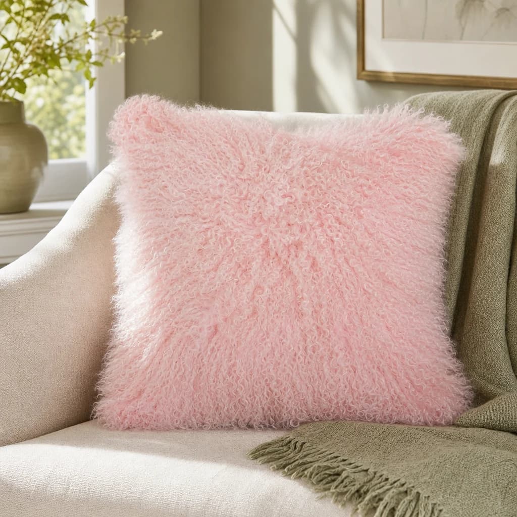 Bosie Real Mongolian Fur Pink Square Cushion - Decorative, photo 1 of 8