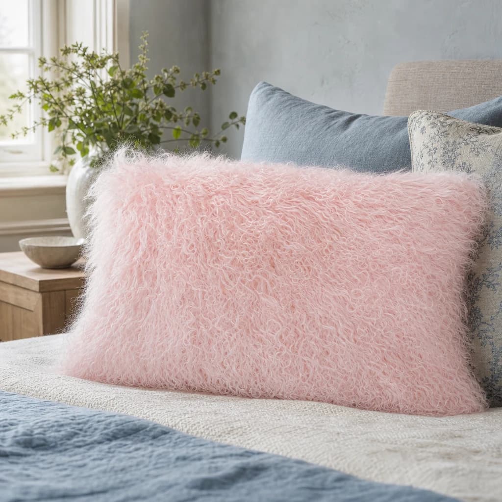 Bosie Real Mongolian Fur Pink Rectangular Cushion - Decorative, photo 1 of 5