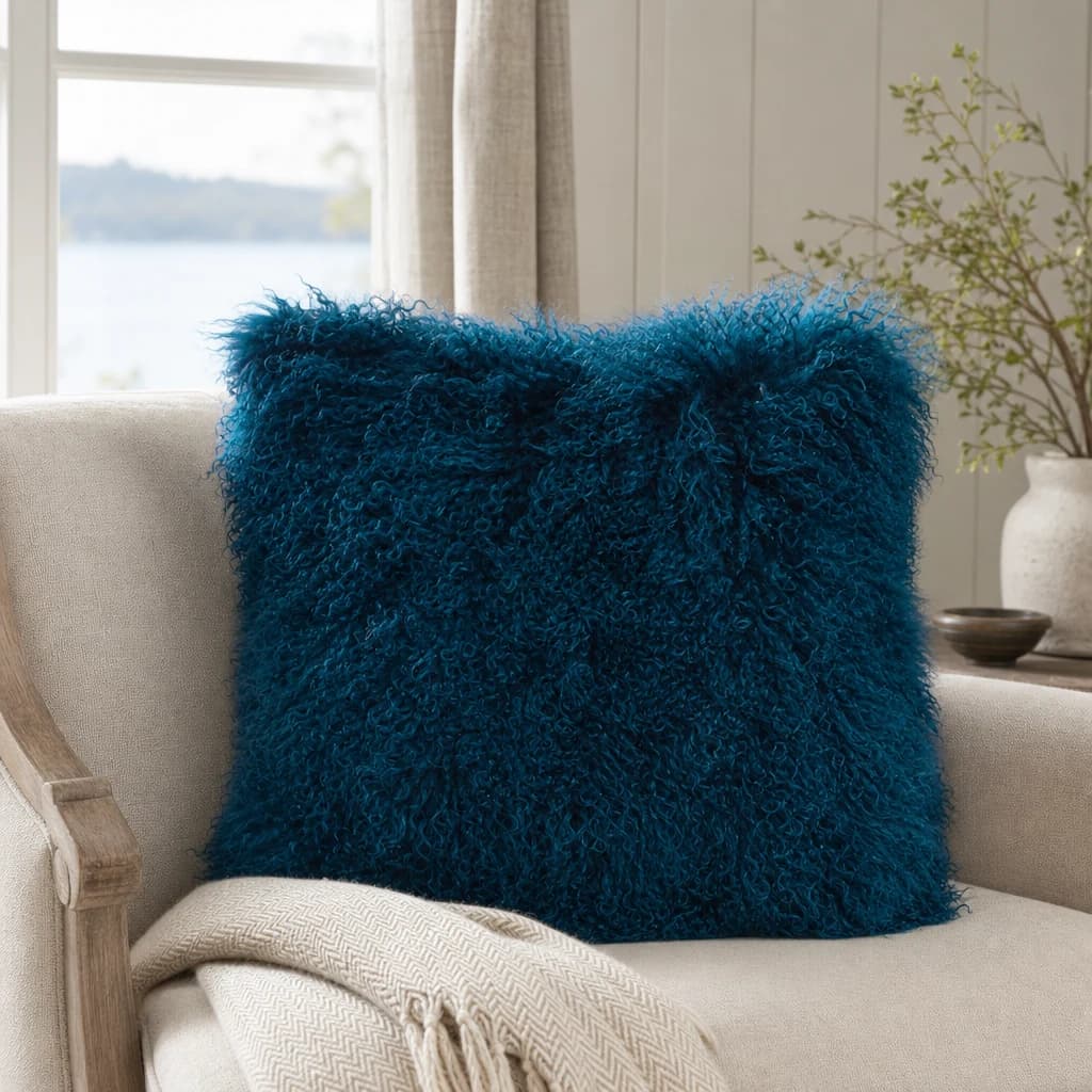 Bosie Real Mongolian Fur Teal Square Cushion - Decorative, photo 1 of 8