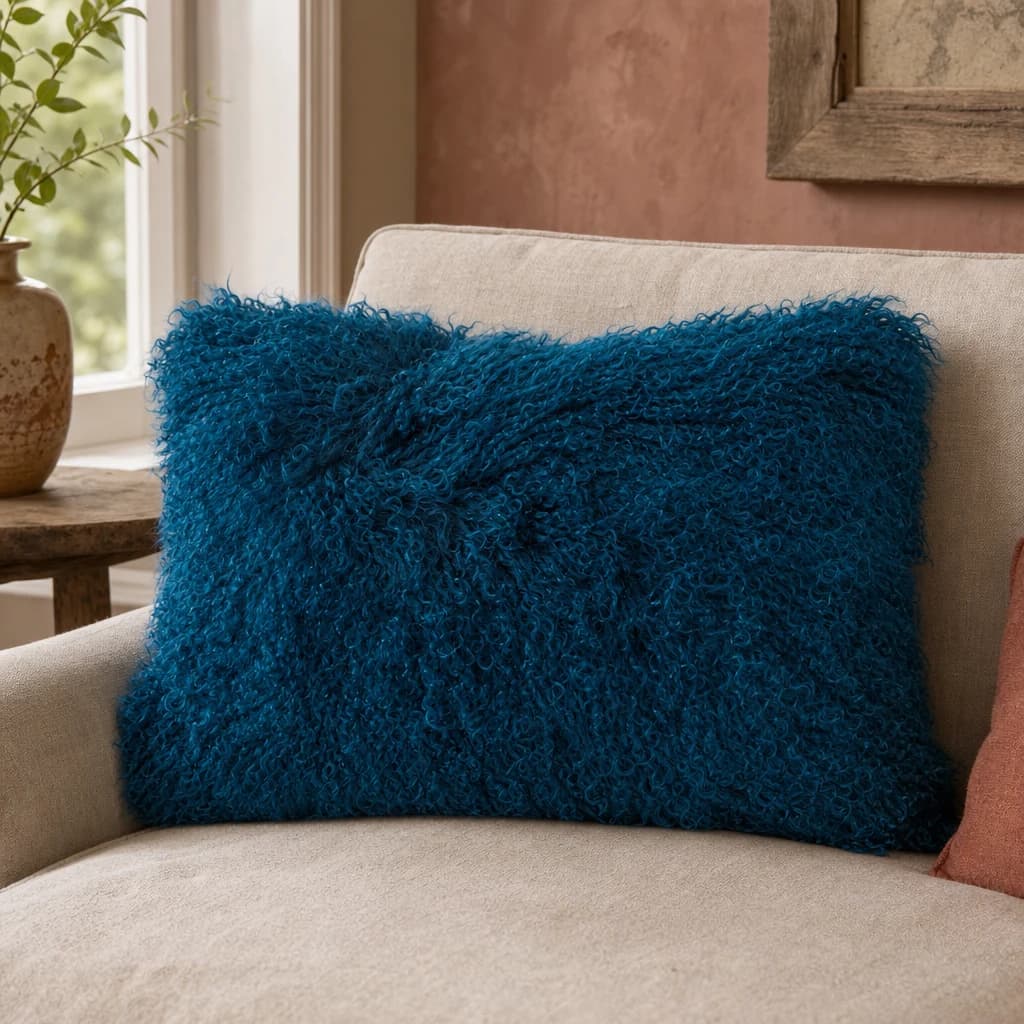 Bosie Real Mongolian Fur Teal Rectangular Cushion - Decorative, photo 1 of 4
