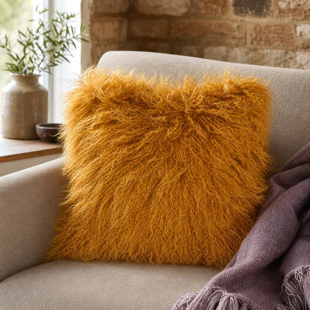 Bosie Real Mongolian Fur Ochre Square Cushion - Decorative, photo 1 of 8