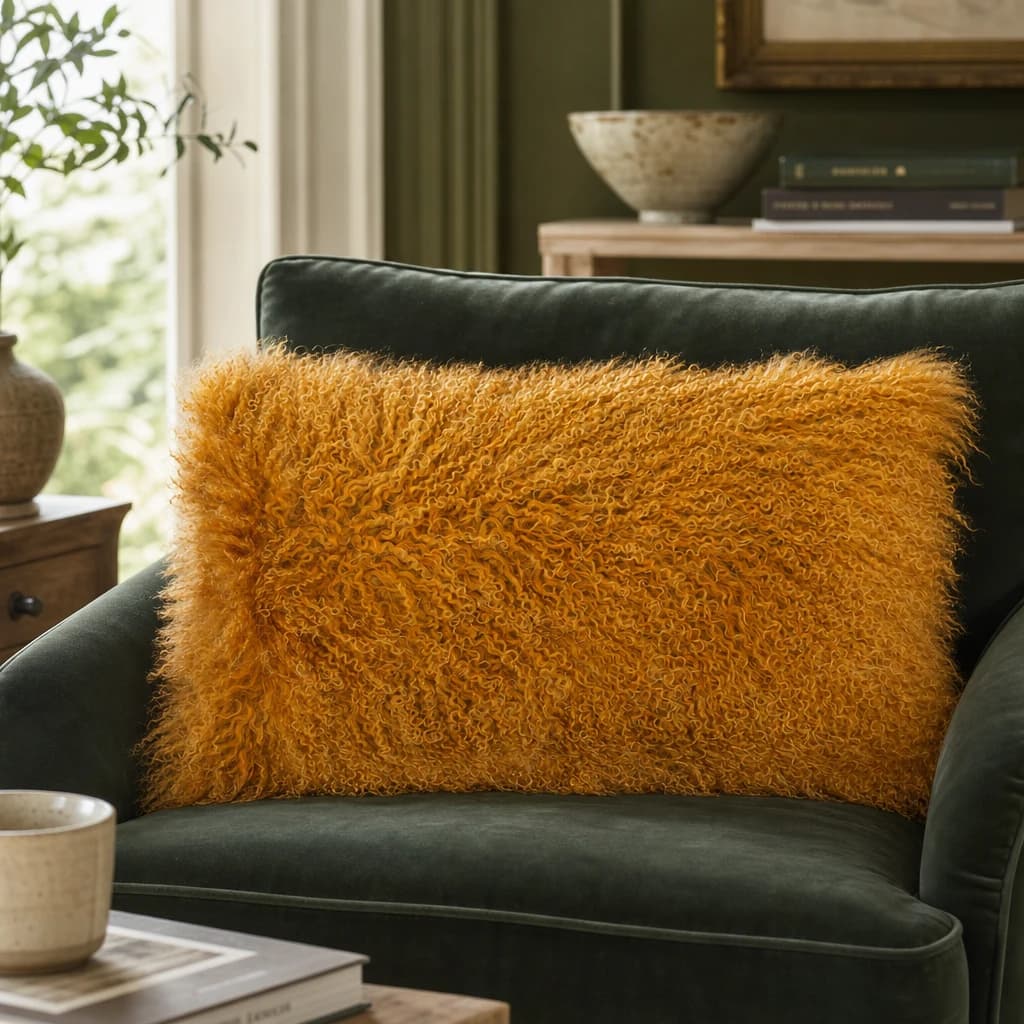 Bosie Real Mongolian Fur Ochre Rectangular Cushion - Decorative, photo 1 of 6