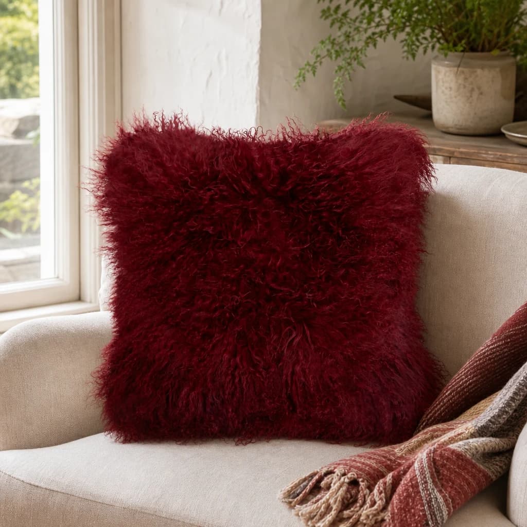 Bosie Real Mongolian Fur Maroon Square Cushion - Decorative, photo 1 of 8