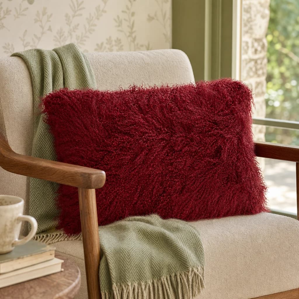 Bosie Real Mongolian Fur Maroon Rectangular Cushion - Decorative, photo 1 of 5