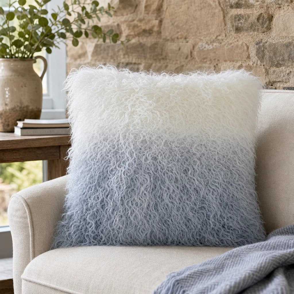 Bosie Real Mongolian Fur Grey Ombre Square Cushion - Decorative, photo 1 of 7