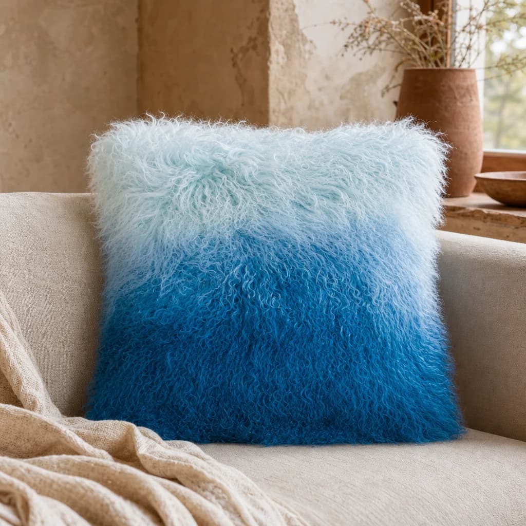 Bosie Real Mongolian Fur Blue Ombre Square Cushion - Decorative, photo 1 of 8