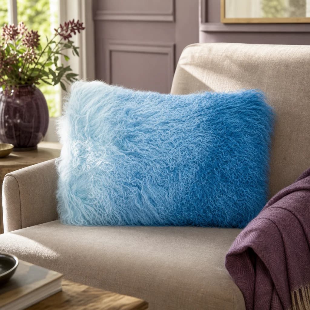 Bosie Real Mongolian Fur Blue Ombre Rectangular Cushion - Decorative, photo 1 of 8
