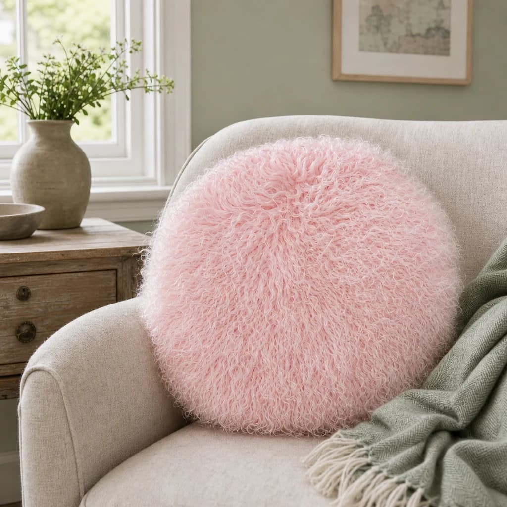 Bosie Real Mongolian Fur Pink Round Cushion - Decorative, photo 1 of 8