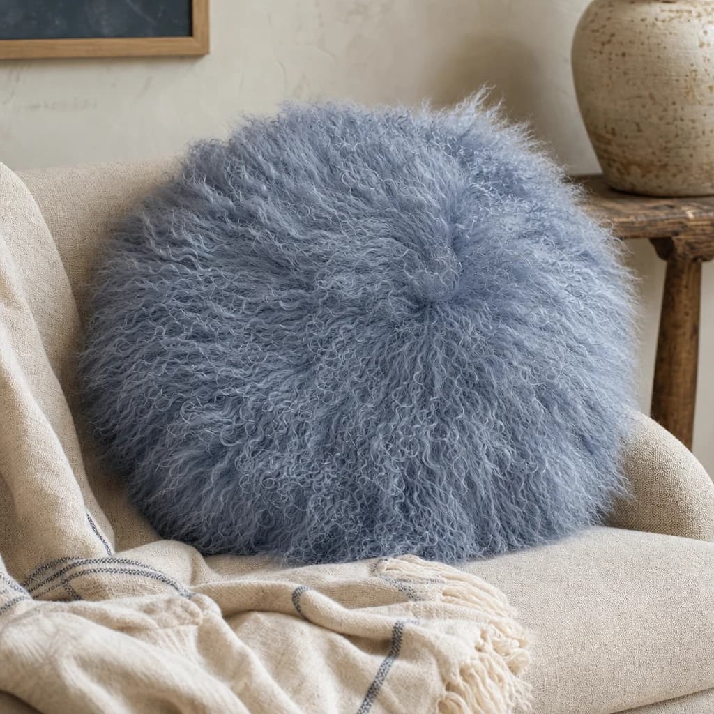 Bosie Real Mongolian Fur Grey Round Cushion - Decorative, photo 1 of 8