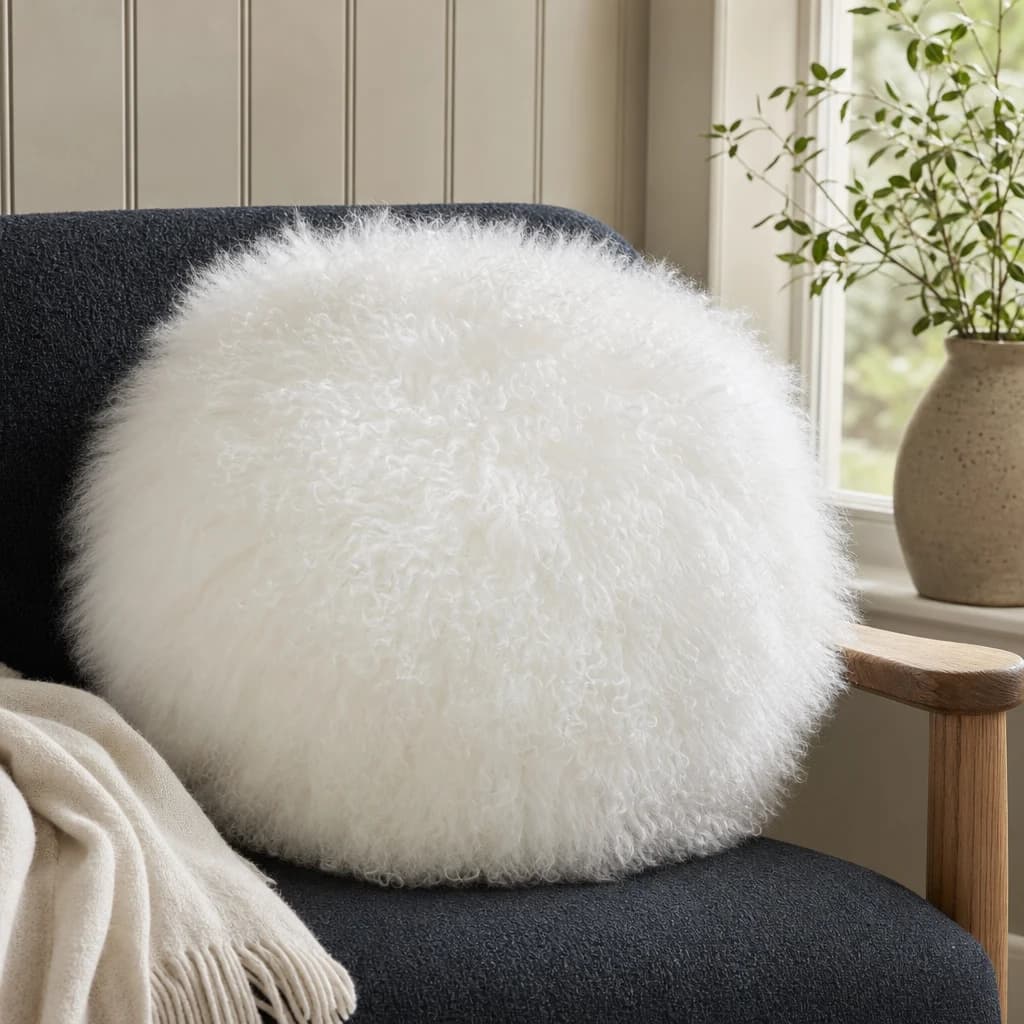Bosie Real Mongolian Fur White Round Cushion - Decorative, photo 1 of 4
