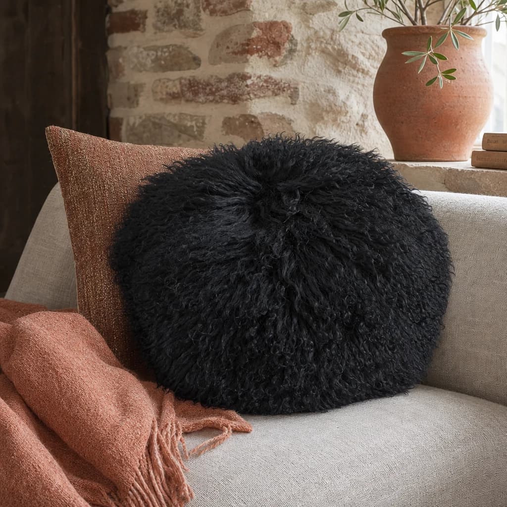 Bosie Real Mongolian Fur Black Round Cushion - Decorative, photo 1 of 8
