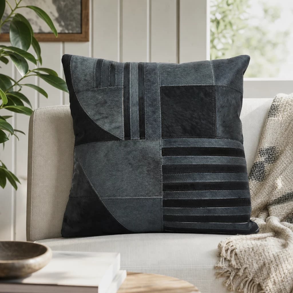 Bosie Safira Black And Grey Hair on Leather Cushion - Decorative, photo 1 of 7