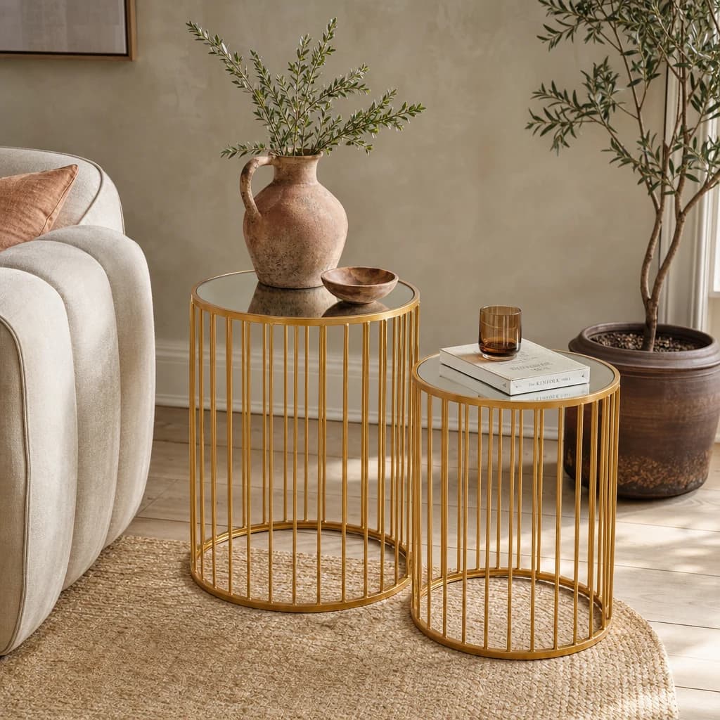 Avantis Gold and Mirror Top Set of 2 Round Side Tables - Tables, photo 1 of 8