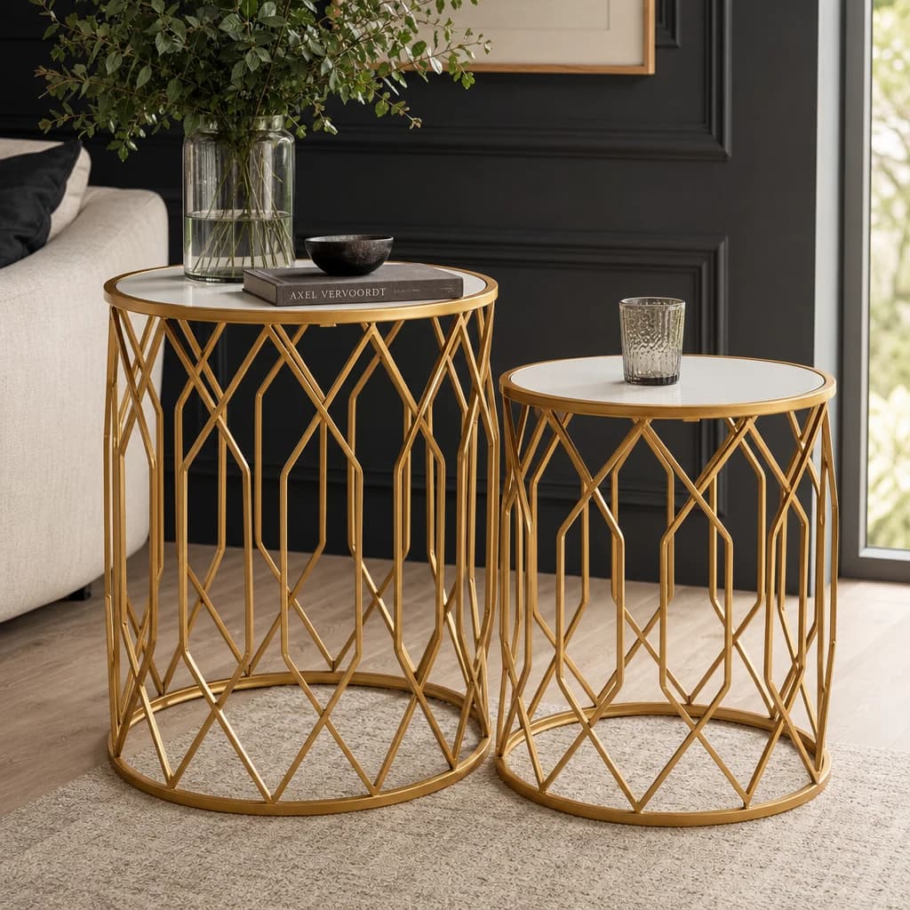 Avantis Set Of 2 Gold Frame Round Side Tables - Tables, photo 1 of 7