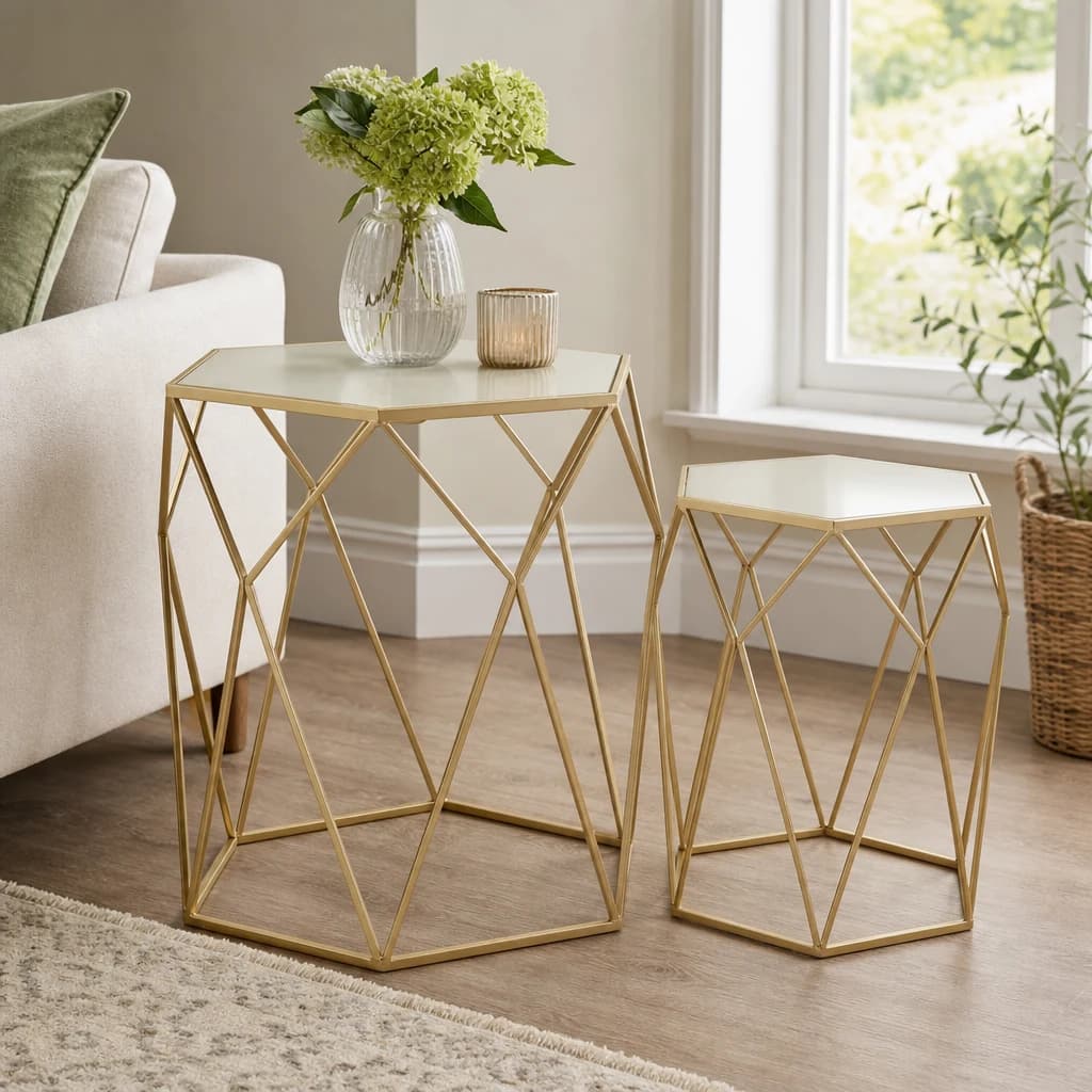 Avantis Champagne Finish Hexagonal Set of 2 Side Tables - Tables, photo 1 of 8