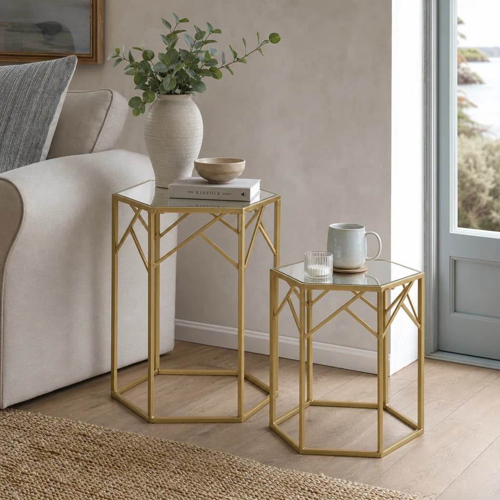 Avantis Champagne Finish and Mirror Set Of 2 Hexagonal Side Tables - Tables, photo 1 of 8