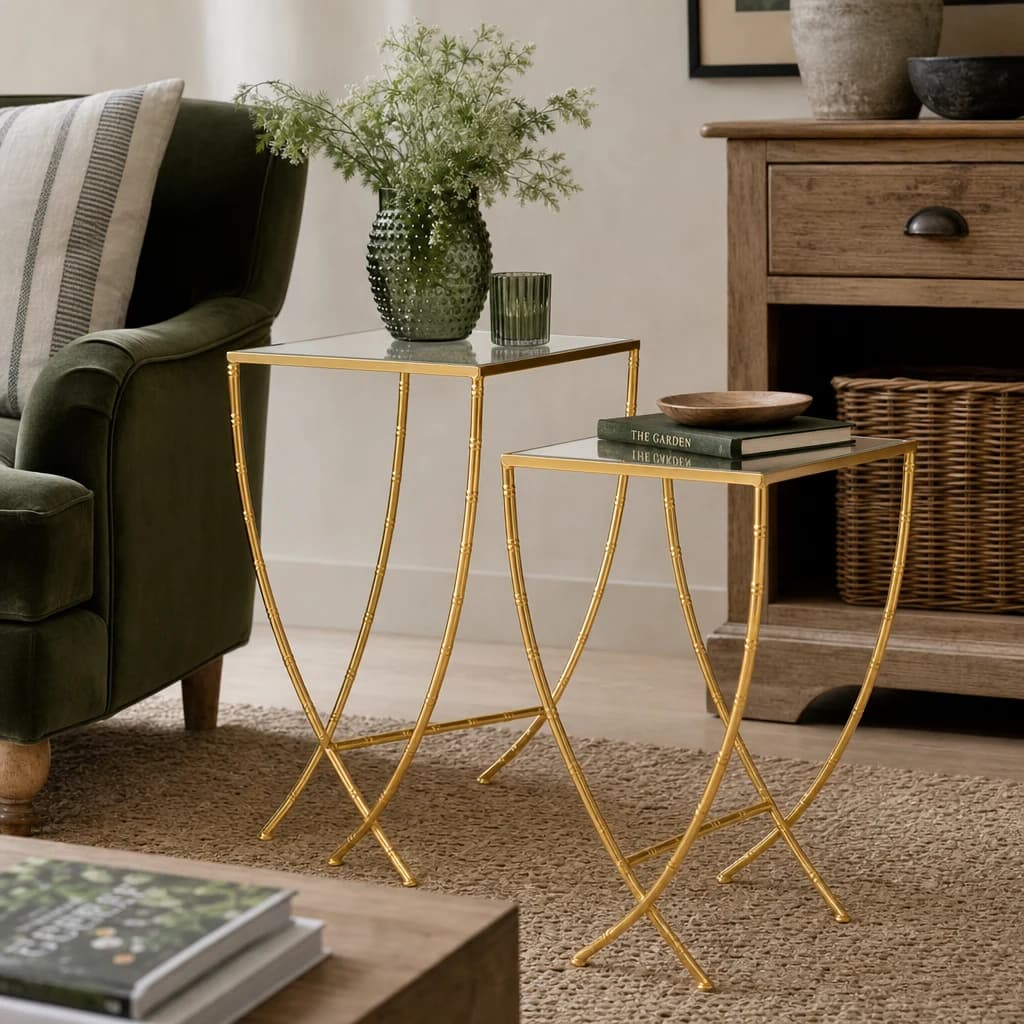 Avantis Gold Finish Set Of 2 Bamboo Design Side Tables - Tables, photo 1 of 8