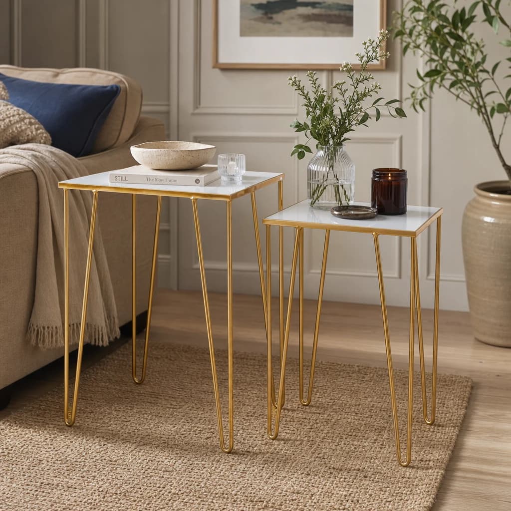 Avantis Gold Finish Set Of 2 Rectangular Side Tables with Hairpin Legs - Tables, photo 1 of 8