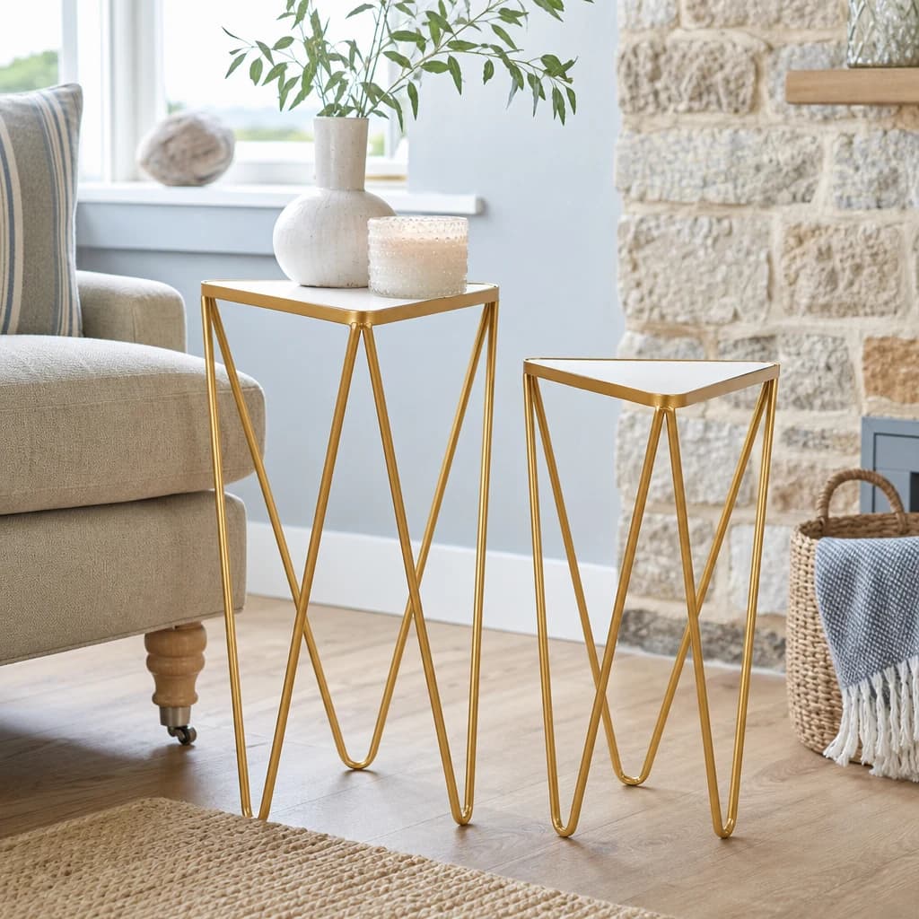 Avantis Gold Finish and Mirrored Set of 2 Triangle Side Tables - Tables, photo 1 of 8