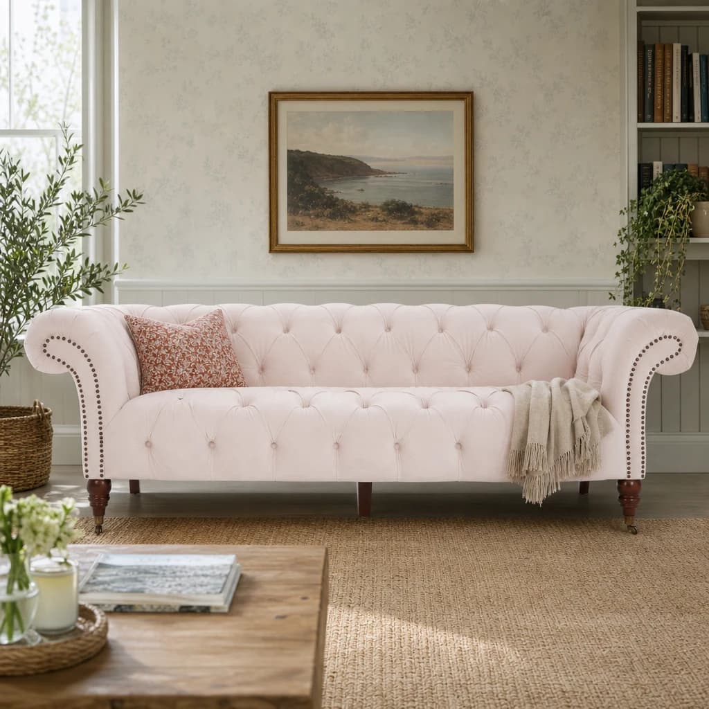 Suri 3 Seat Pale Pink Velvet Modern Chesterfield Sofa - Seating, photo 1 of 8