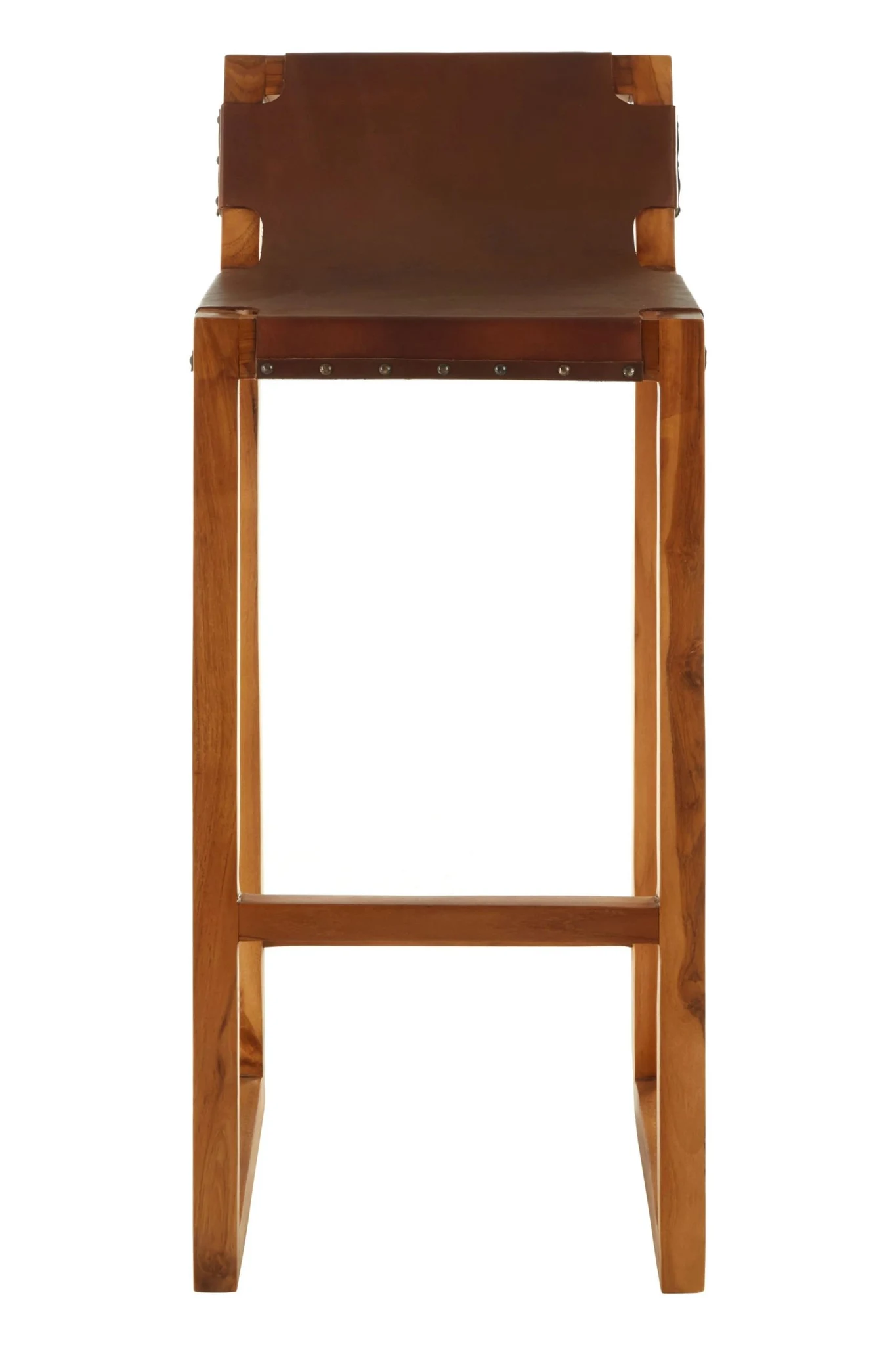 Kendari Brown Leather Bar Chair with Teak Wood Frame - Seating, photo 5 of 7