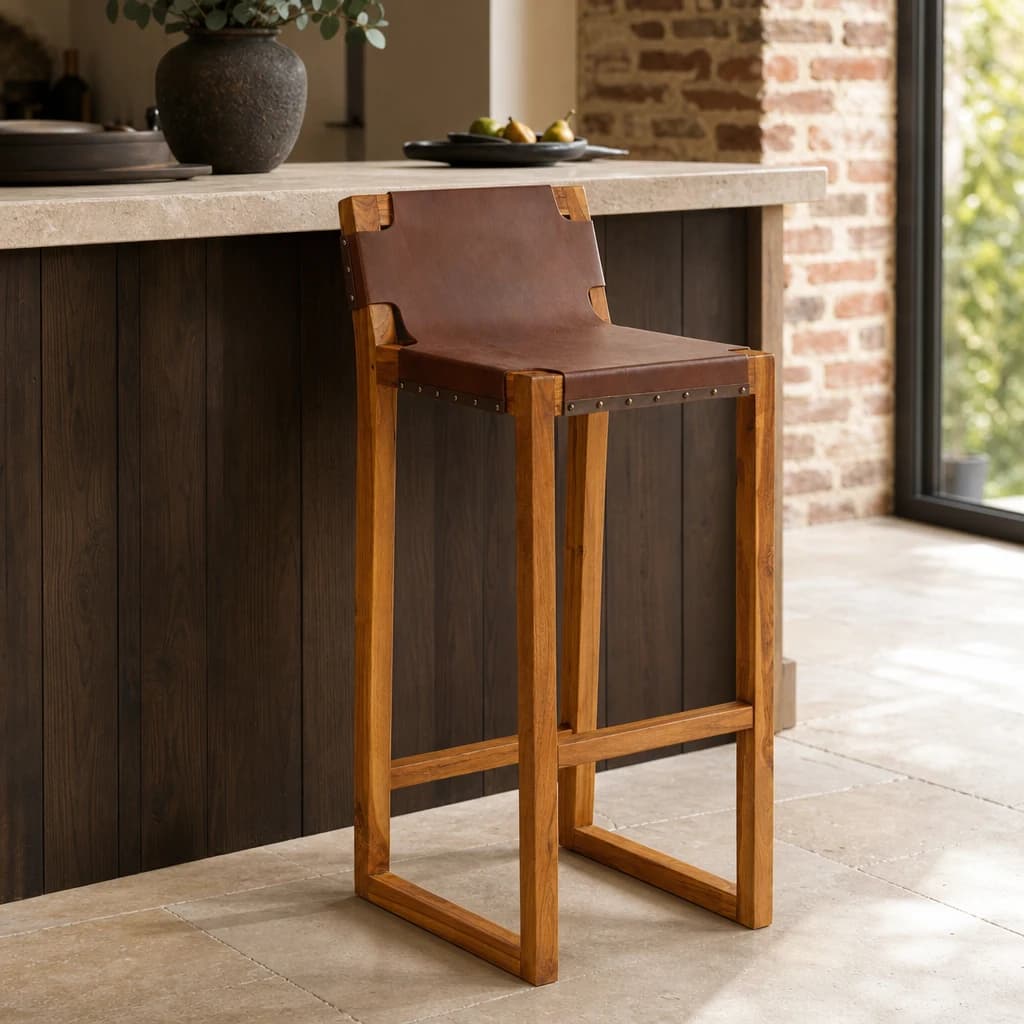 Kendari Brown Leather Bar Chair with Teak Wood Frame - Seating, photo 1 of 7