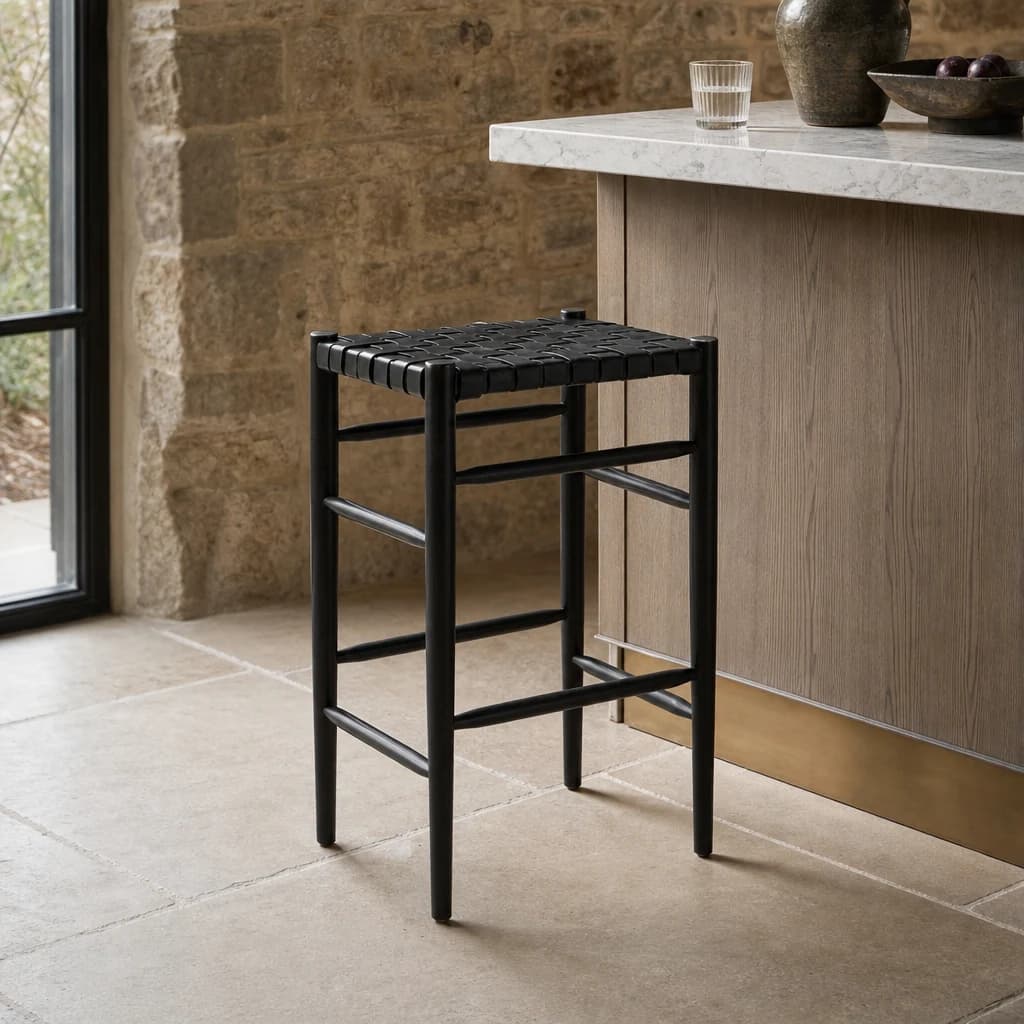 Kendari Black Woven Leather Barstool - Seating, photo 1 of 5