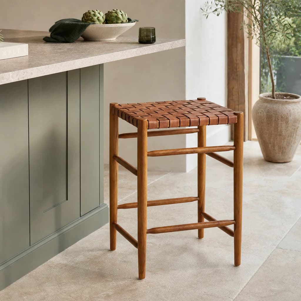 Kendari Brown Woven Leather Barstool - Seating, photo 1 of 6