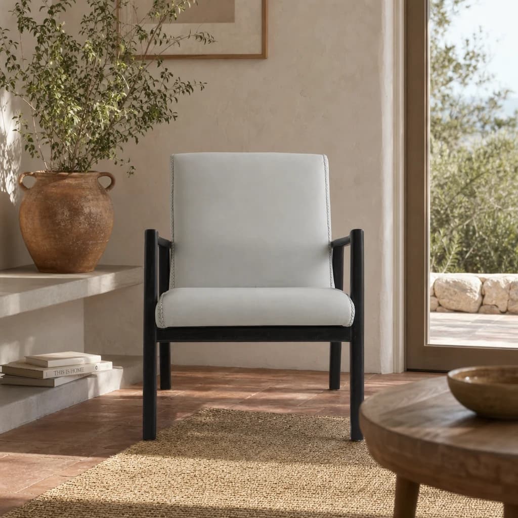 Kendari Grey Leather Chair with Black Teak Frame - Seating, photo 1 of 6