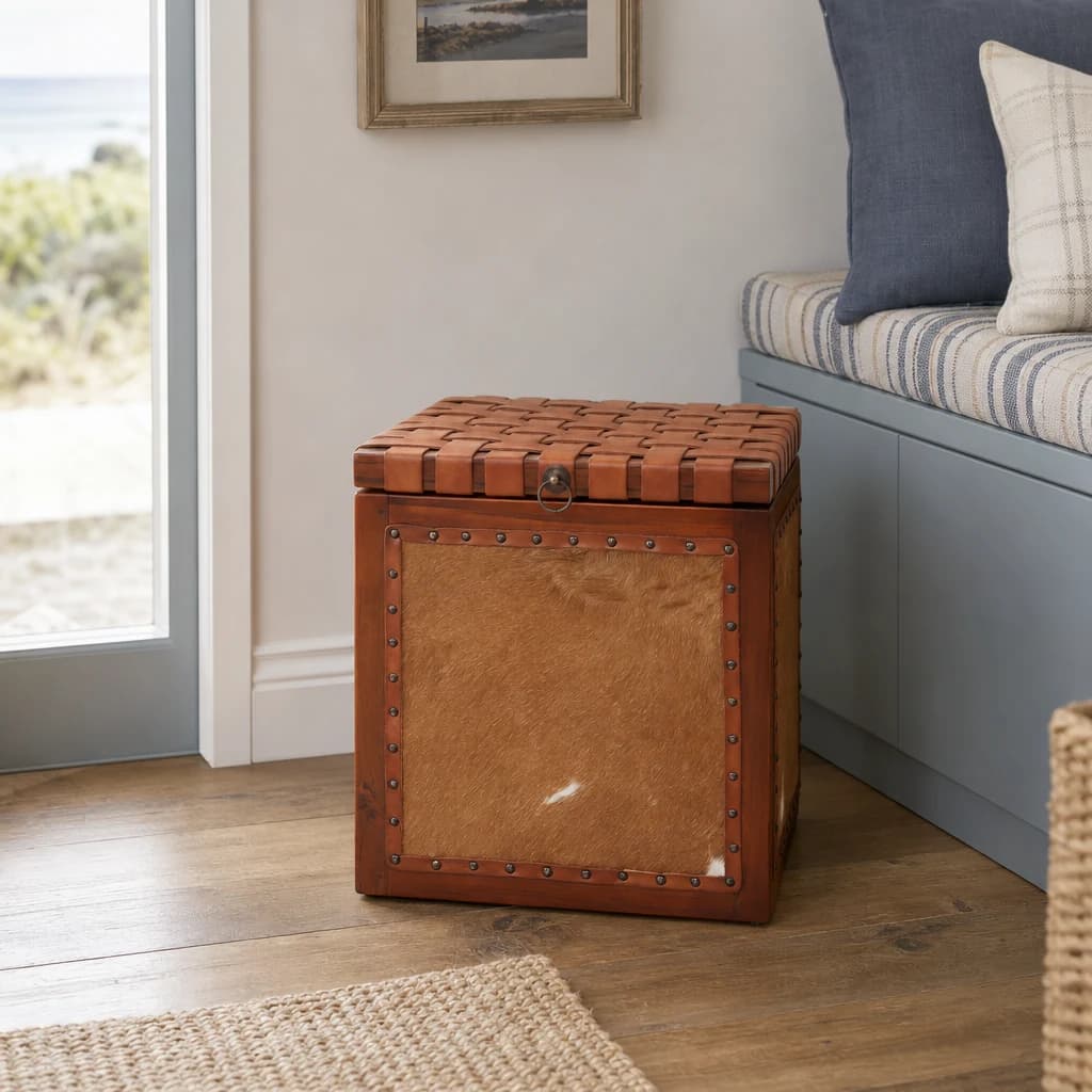 Kendari Tan Hair on Leather Storage Stool - Bookcases & shelving, photo 1 of 8