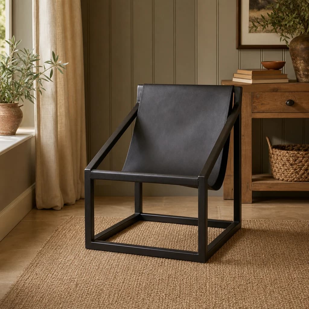 Kendari Black Leather and Wooden Frame Sling Chair - Seating, photo 1 of 7