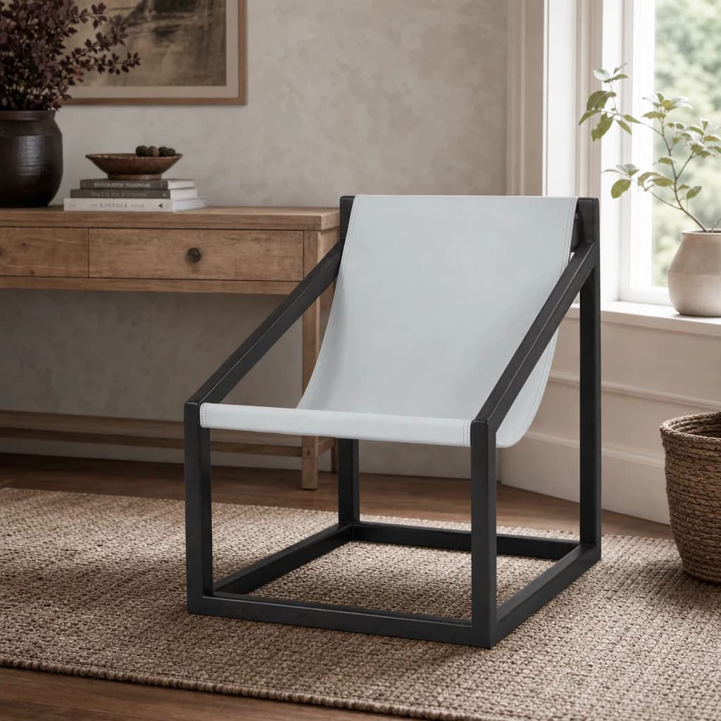 Kendari Grey Leather Sling Chair with Black Wooden Frame - Seating, photo 1 of 6