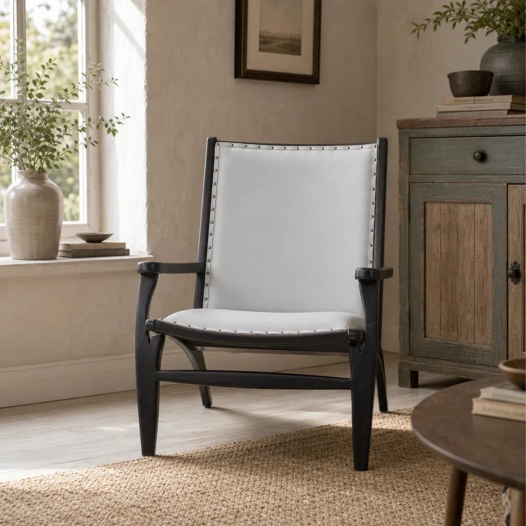 Kendari Grey Leather and Teak Wood Chair with Stud Detail - Seating, photo 1 of 6