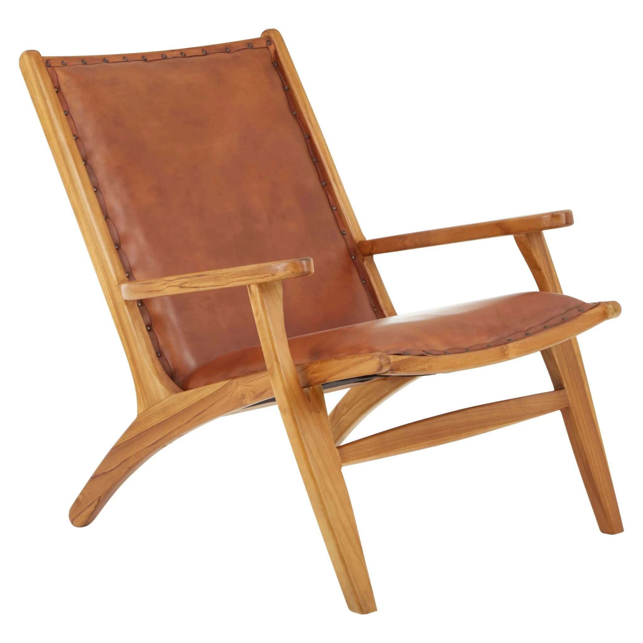 Kendari Brown Leather and Teak Wood Chair with Stud Detail - Seating, photo 4 of 6