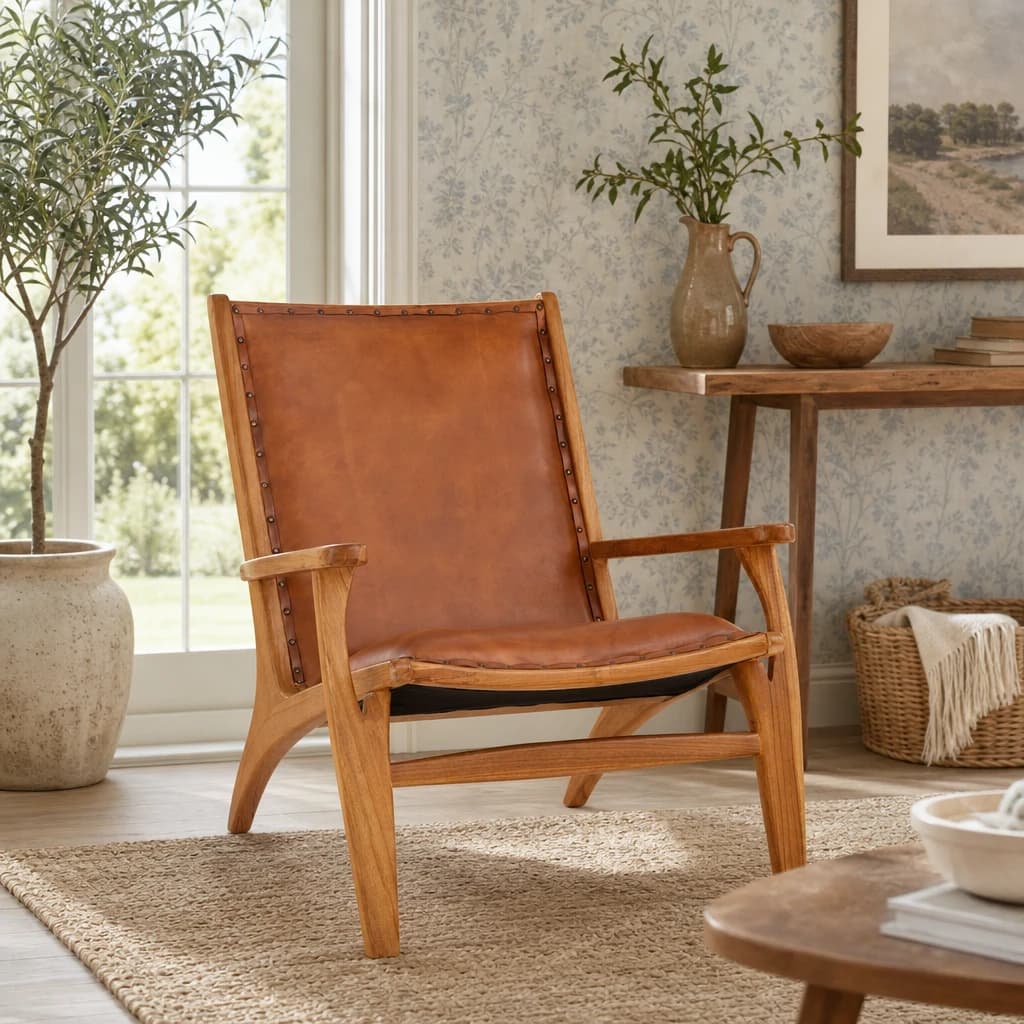 Kendari Brown Leather and Teak Wood Chair with Stud Detail - Seating, photo 1 of 6