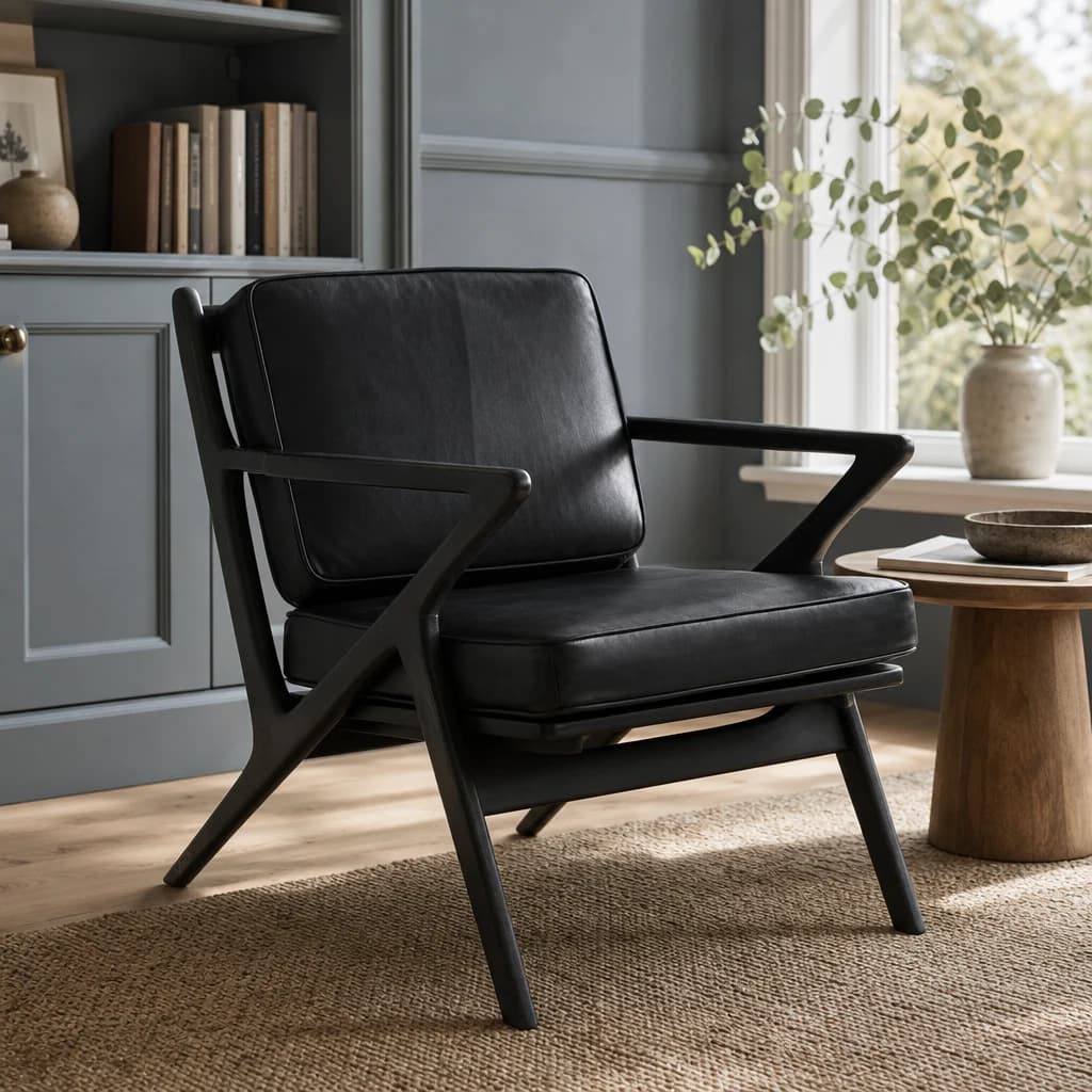 Kendari Black Leather with Teak Wood Frame Armchair - Seating, photo 1 of 7