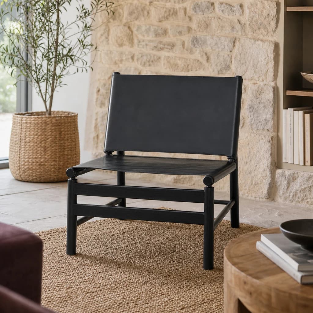 Kendari Black Leather and Teak Modern Sling Chair - Seating, photo 1 of 6