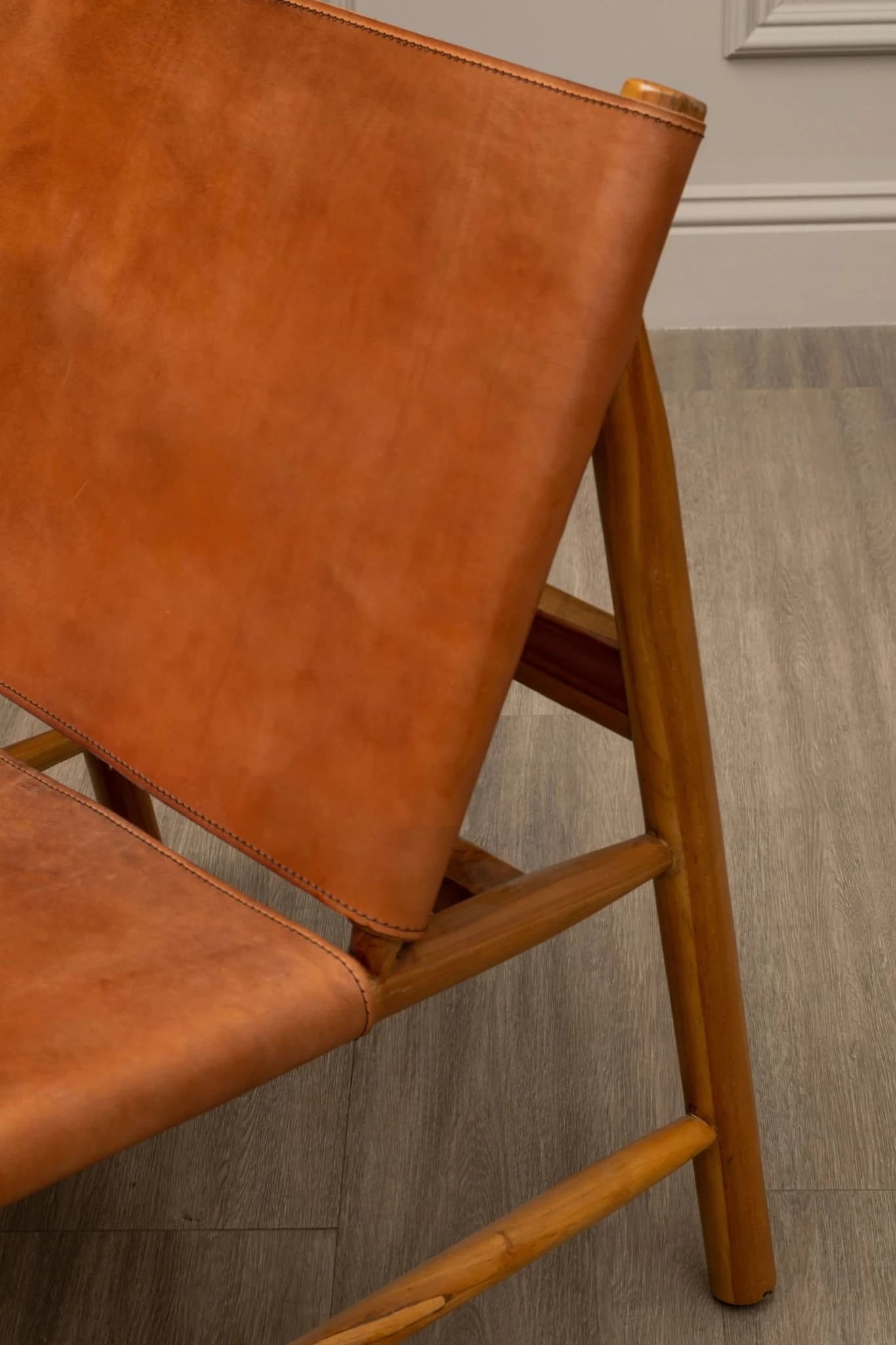 Kendari Brown Leather and Teak Modern Sling Chair - Seating, photo 3 of 8