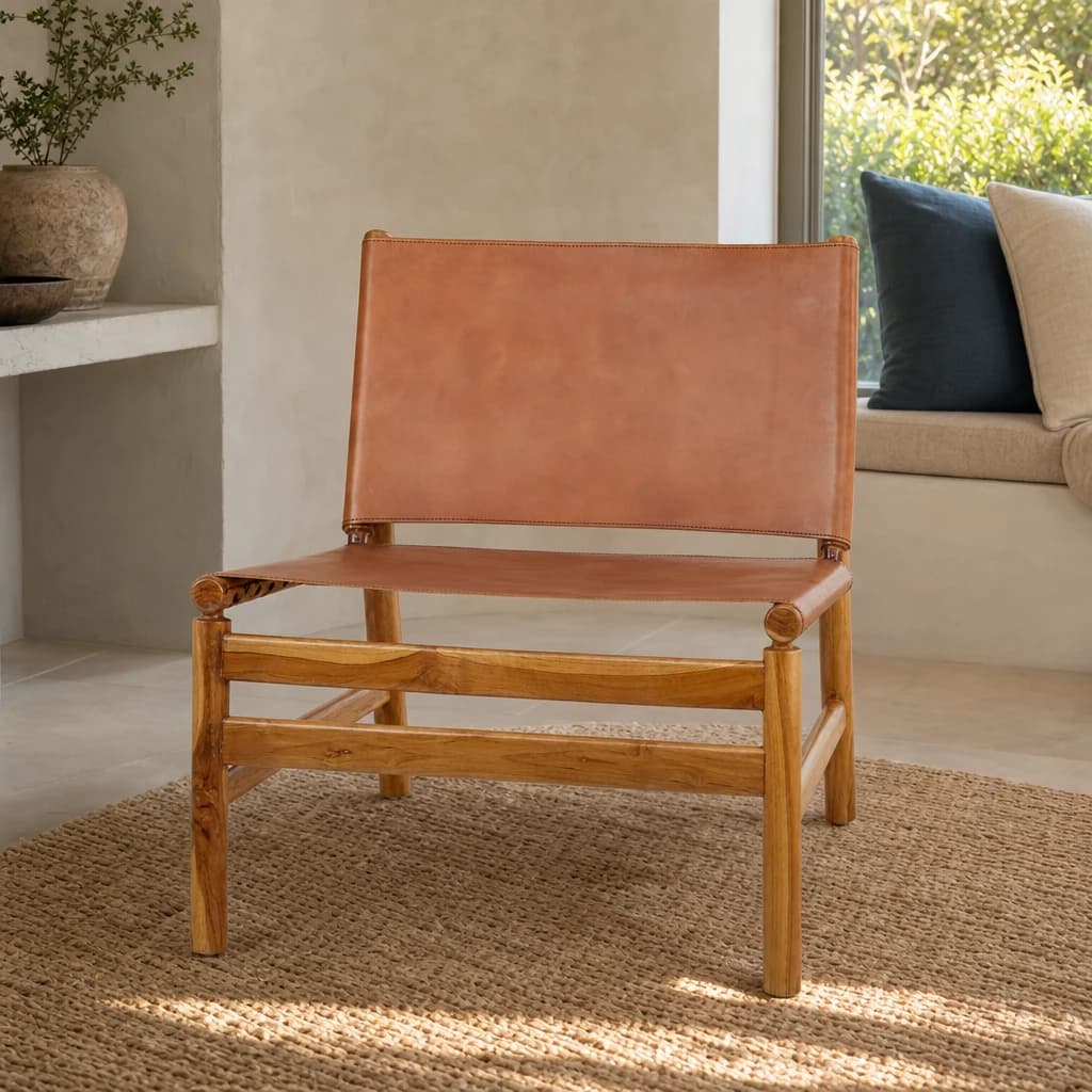 Kendari Brown Leather and Teak Modern Sling Chair - Seating, photo 1 of 8