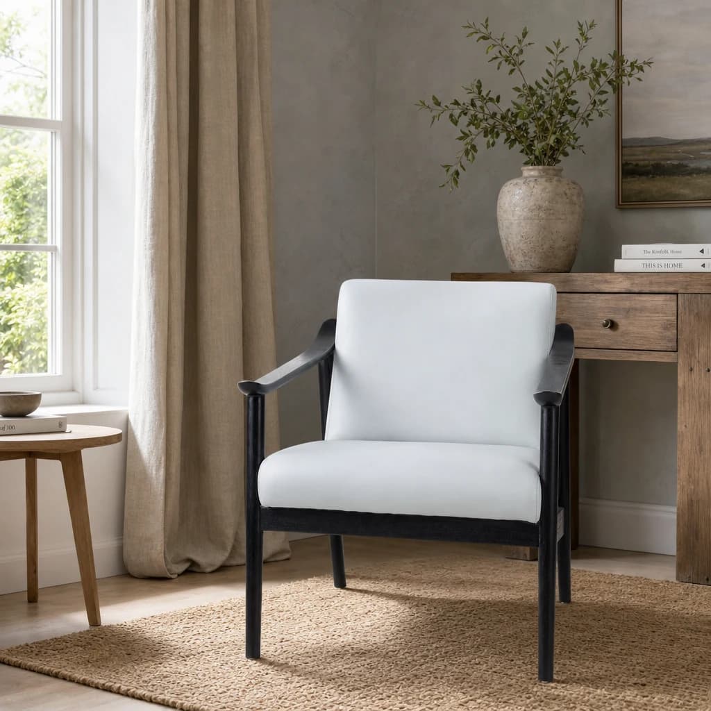 Kendari Grey Leather Armchair with Black Teak Wood Frame - Seating, photo 1 of 6