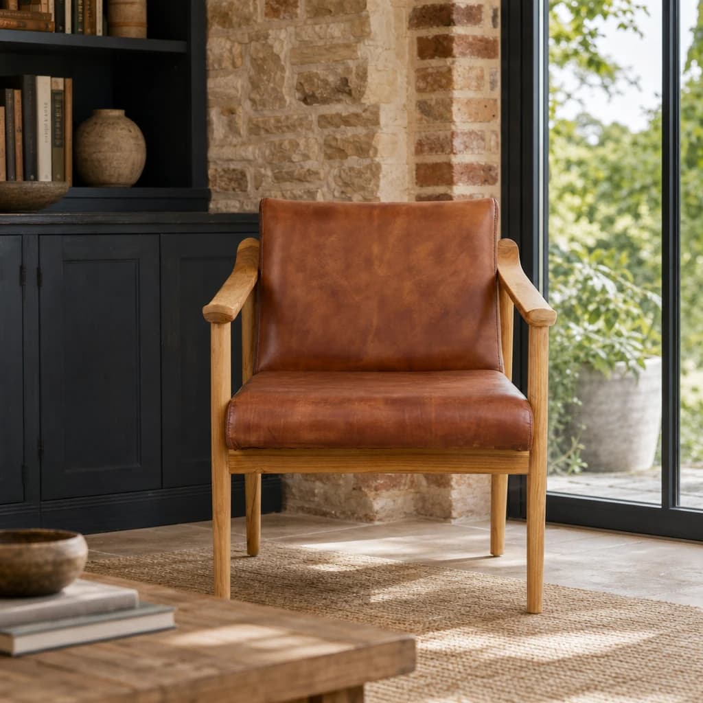 Kendari Brown Leather with Natural Teak Wood Armchair - Seating, photo 1 of 7